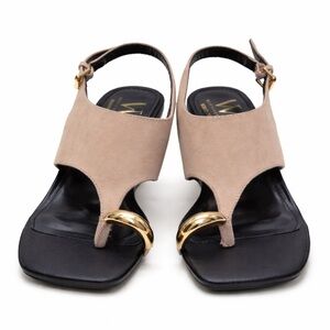 NWOT Worthington Beige Suede Gold Ring Thong Heel Sandals Size 7.5